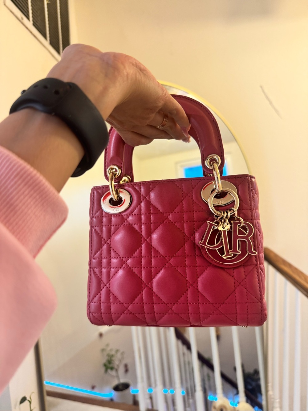 Dior Pink Quilted Top-Handle Mini Bag with Gold Hardware